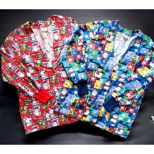 2 Holiday Scrub Tops Christmas Long Sleeve Button Medical Coat Snowman Reindeer